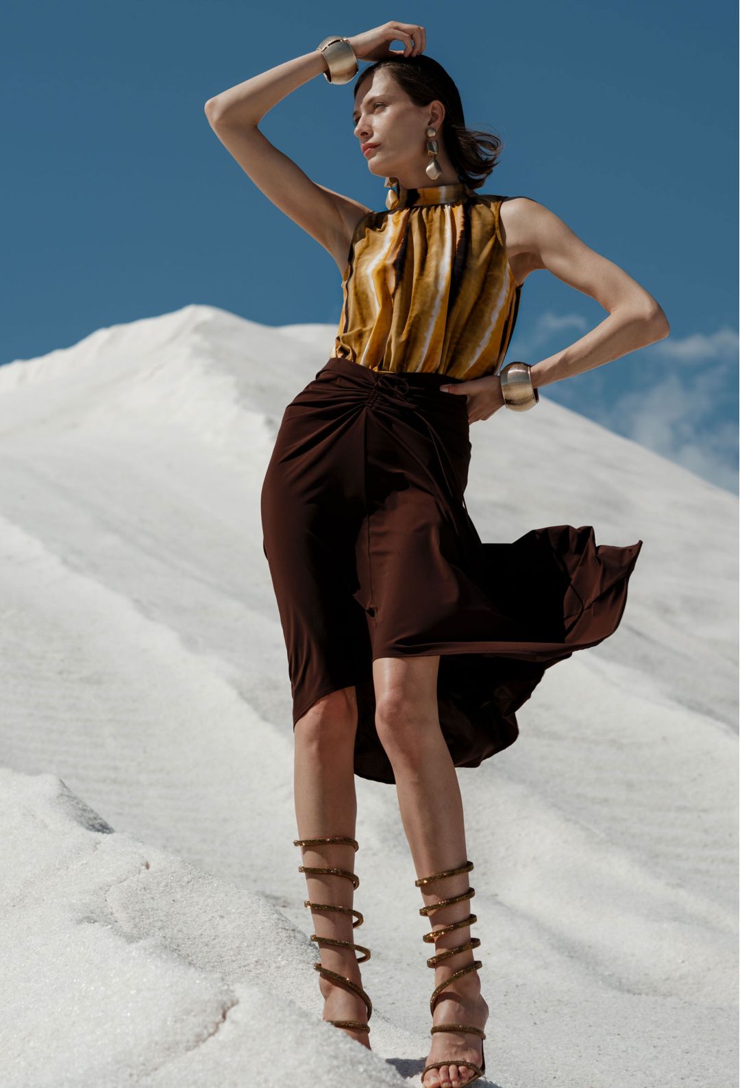 Bella long skirt in brown technical jersey